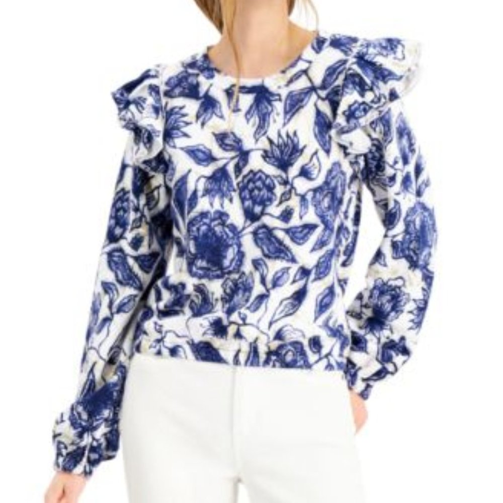 INC BLUE&WHITE FLORAL PATTERN LNG SLV RUFFLE-SHOULDER BLOUSE NWT